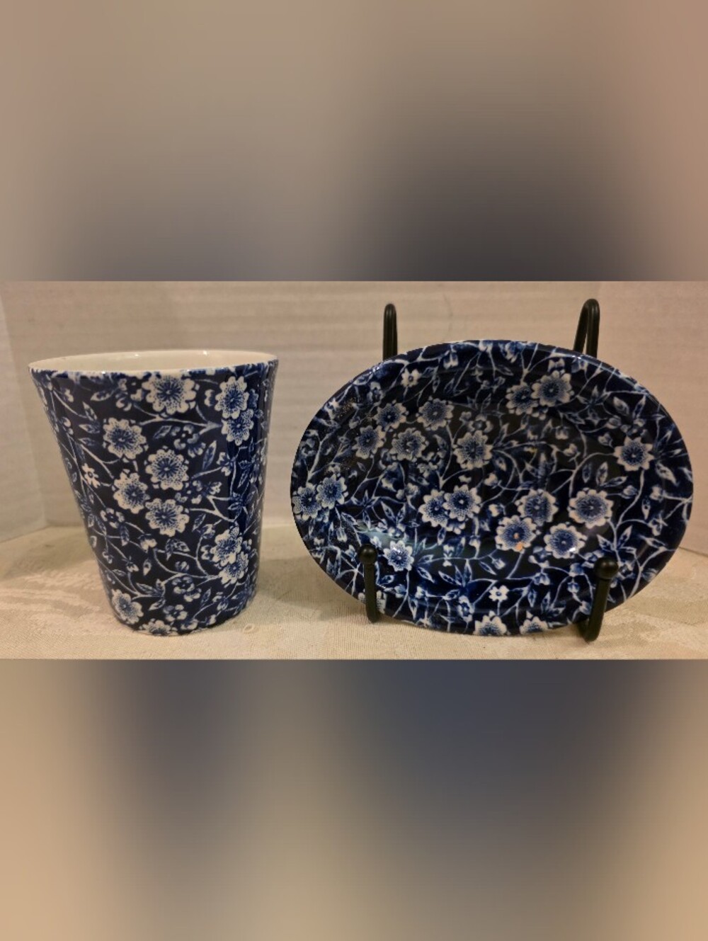Vintage " Calico Blue" by Burleigh- Tumbler & Matching Oval Soap Dish Set